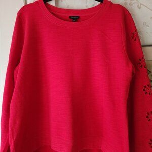 TALBOTS LS RED PULLOVER WITH CUTOUT/EMBROIDERED SLEEVES-L